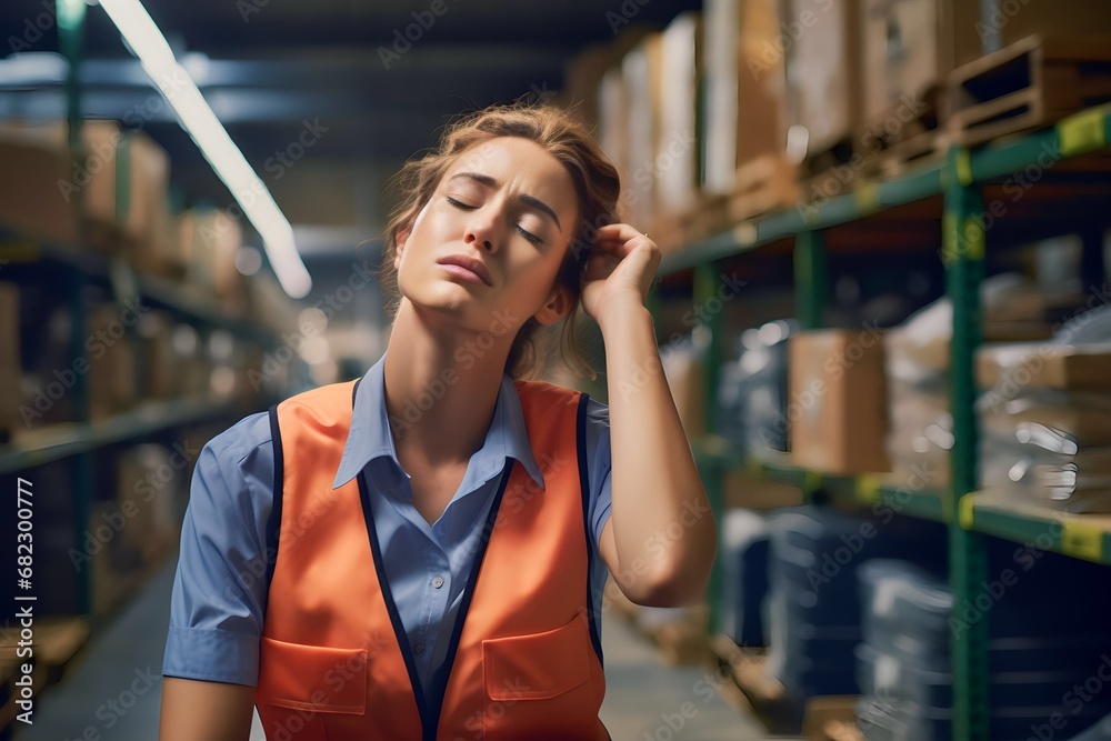 Stressed tired female staff worker sweating from hot weather in summer, working in a warehouse