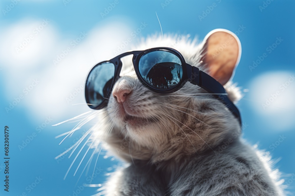  a close up of a cat wearing a pair of sunglasses with a blue sky in the back ground and clouds in the back ground and a blue sky in the background.
