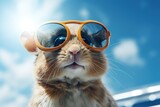  a close up of a small animal with sunglasses on it's head and a blue sky in the background with white clouds and blue sky in the foreground.
