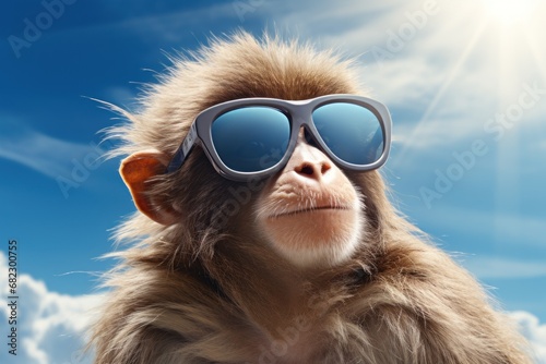  a monkey wearing a pair of sunglasses in front of a blue sky with a sunburst in the middle of the frame and clouds in the sky in the background.