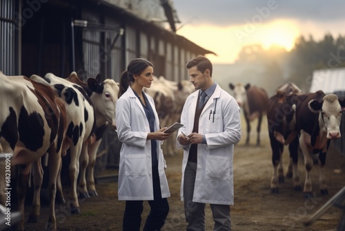 Caucasian man and woman veterinarian inspect cows on a farm