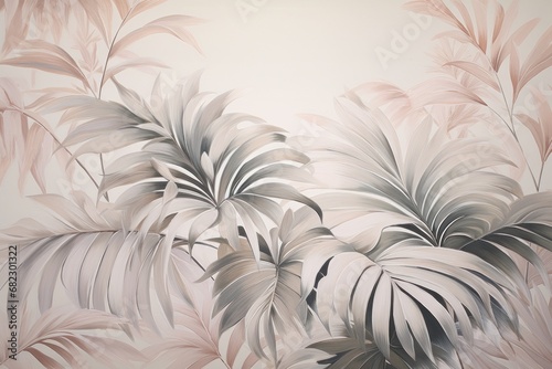  a close up of a wall with a painting of a leafy plant on the side of the wall and a white wall behind it with a light colored background.