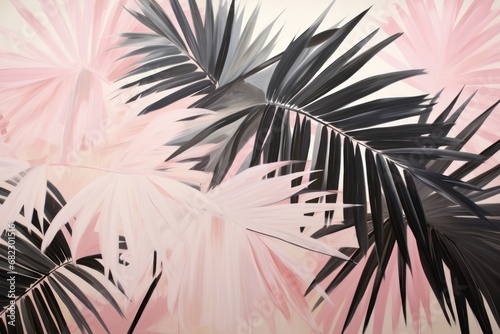  a painting of a palm tree with pink and black leaves in front of a white wall with a pink and black painting of a bird on it's left side.