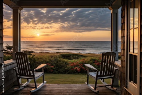 a cape cod house with a wooden porch and rocking chairs  overlooking the ocean