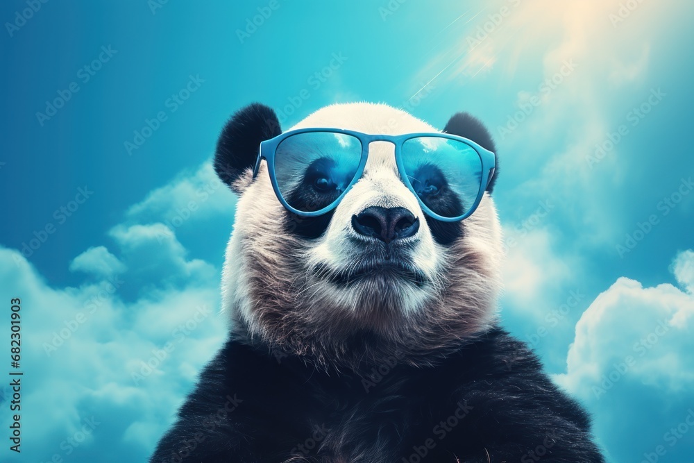 a panda bear with sunglasses on its head and clouds in the sky behind it and a blue sky with white clouds and a blue sky with a few white clouds. a panda bear with sunglasses on its head and clouds in the sky behind it and a blue sky with white clouds and a blue sky with a few white clouds.
