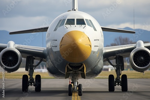 close-up of a cargo planes nose, with visible landing gear and cockpit