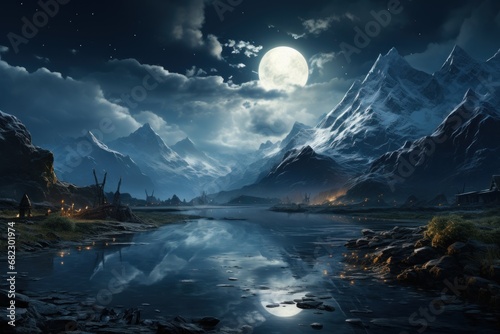  a night scene of a mountain lake with a full moon in the sky and a full moon in the sky, with mountains in the background, and in the foreground, a body of water, a.