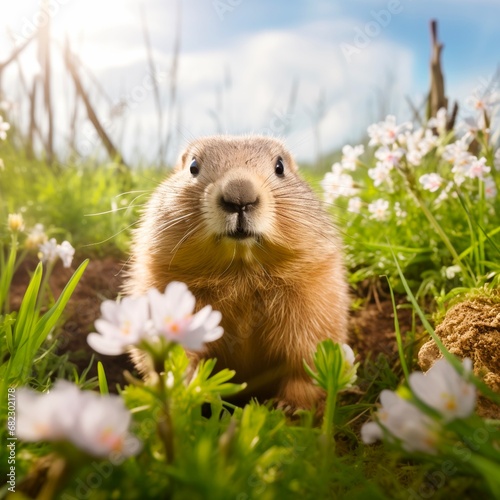 A groundhog with flowers in spring on a blue sky day for  for Happy Groundhog Day © PJang