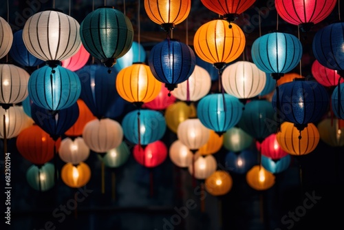  a group of multicolored paper lanterns hanging from a ceiling in a dark room with other lights hanging from the ceiling in front of the ceiling and on the ceiling.