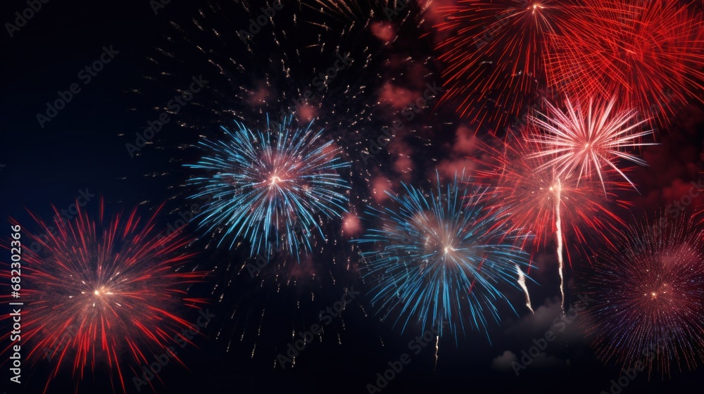 Naklejka premium A vibrant image featuring fireworks exploding against a dark night sky.