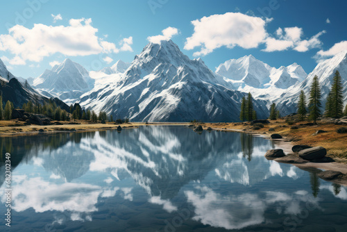 A symmetrical reflection of a mountain range on a pristine alpine lake, conveying the majesty of high-altitude landscapes. Concept of mountainous symmetry and mirror-like waters. Generative Ai.