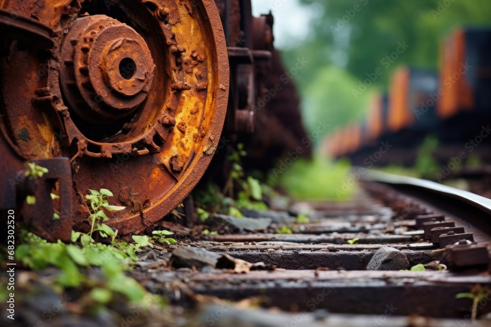 close-up of a rusty train wheel on a railway track