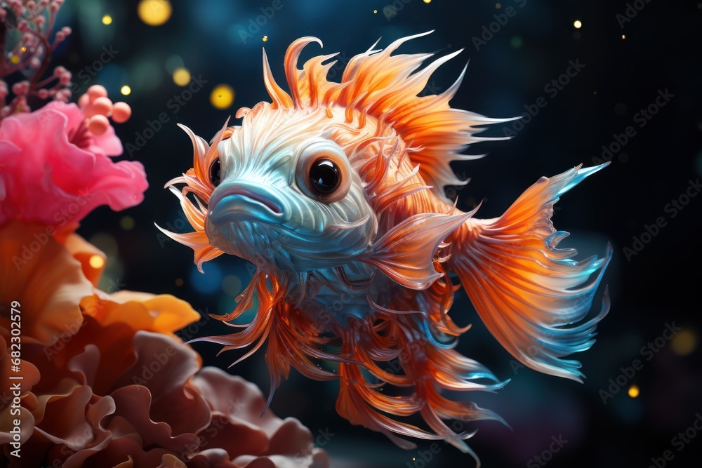 a close up of a goldfish on a black background with corals and other corals in the foreground and a blue and orange fish in the background. a close up of a goldfish on a black background with corals and other corals in the foreground and a blue and orange fish in the background.