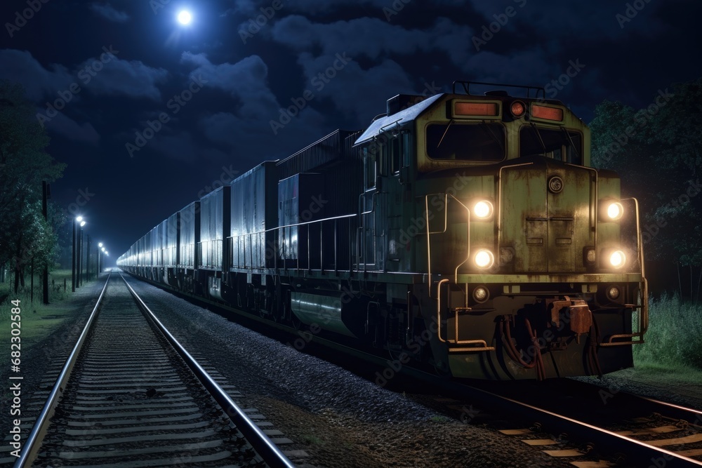 Fototapeta premium night shot of a cargo train with illuminated cabins