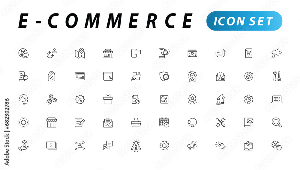 E-commerce icon set. Online shopping and delivery elements. E-business symbol. Icons vector collection.