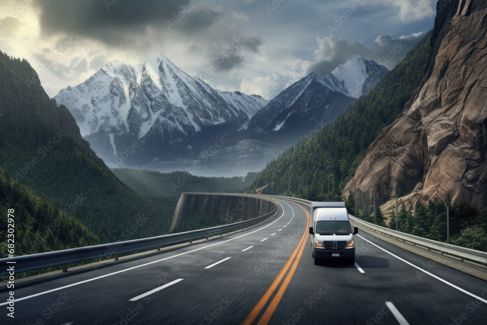 Naklejka premium a cargo van driving on a highway, surrounded by mountains