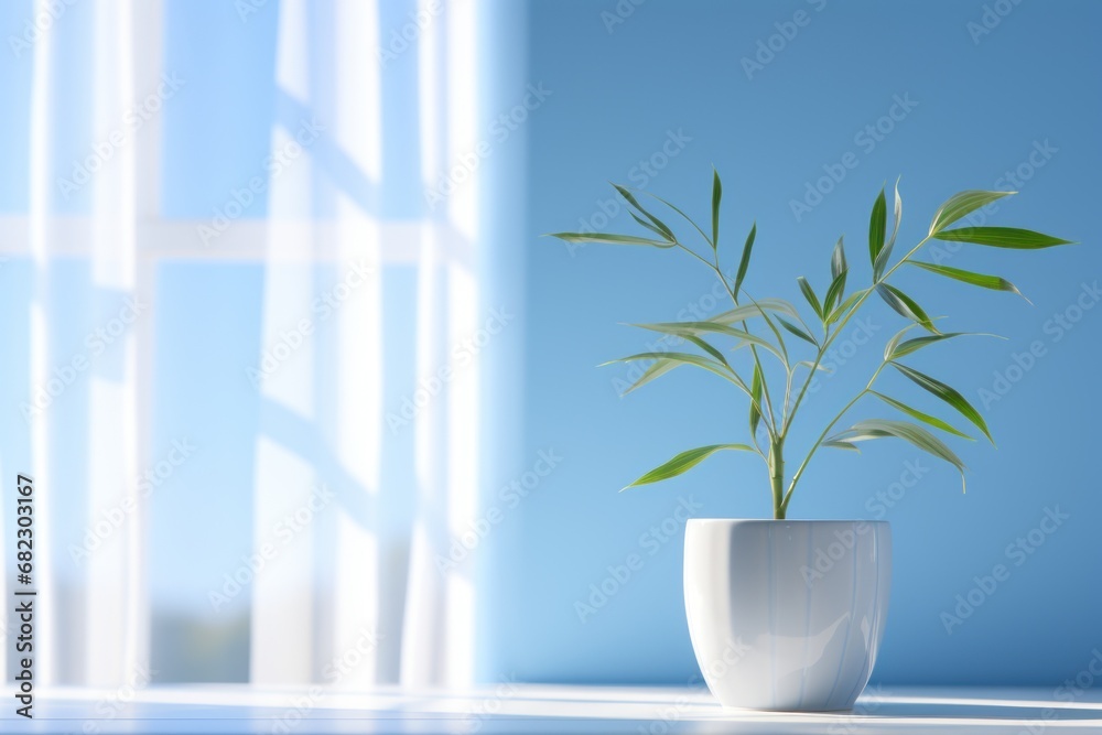 a white vase with a plant in it on a table in front of a window with a blue wall and a window sill with white curtains in the background. a white vase with a plant in it on a table in front of a window with a blue wall and a window sill with white curtains in the background.