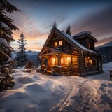 A rustic cabin with a smoking chimney sits in a snowy landscape,