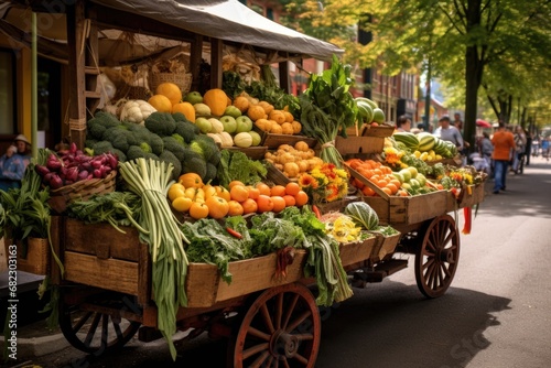 a carriage filled with fresh produce at a farmers market © primopiano