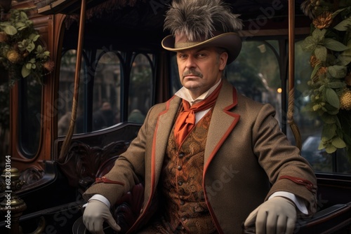 a carriage driver dressed in historical attire, holding the reins