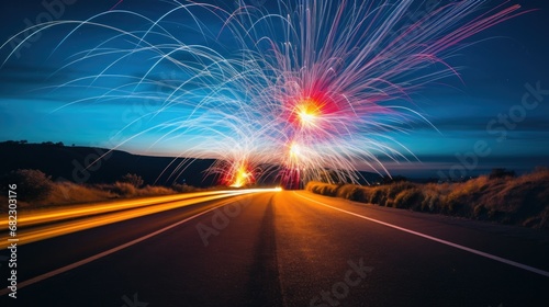An artistic photo of fireworks with a long exposure, creating a beautiful trail of lights in the sky.