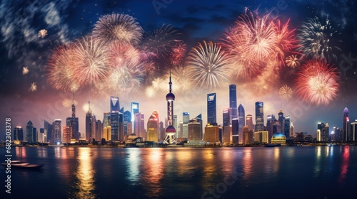 A stunning fireworks display lighting up the night sky above a city skyline