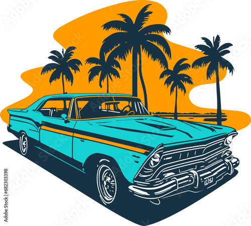 Classic american car style. Vintage vehicle vector illustration. Modern print design of retro machine.