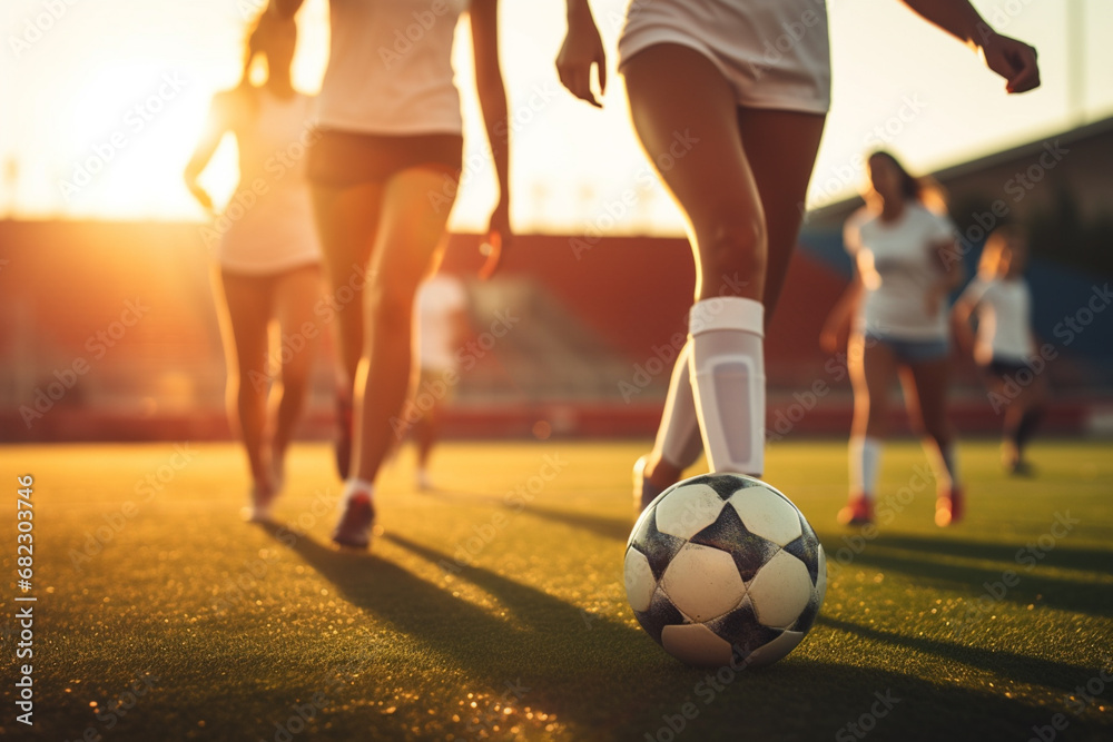Fototapeta premium Women's football, a female's team runs across the field of the stadium under the setting sun 