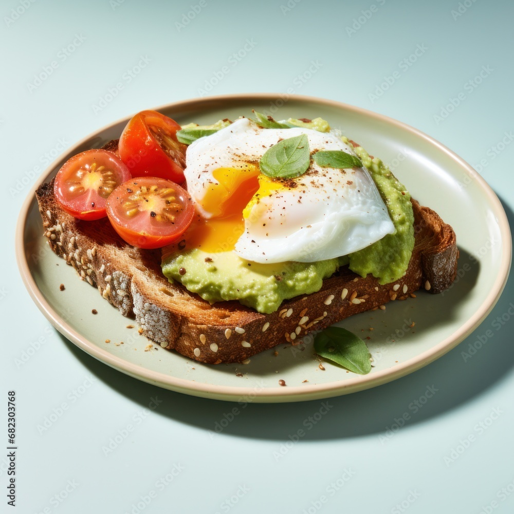 Two slices of whole wheat toast with avocado spread, sliced tomatoes, and a poached egg.