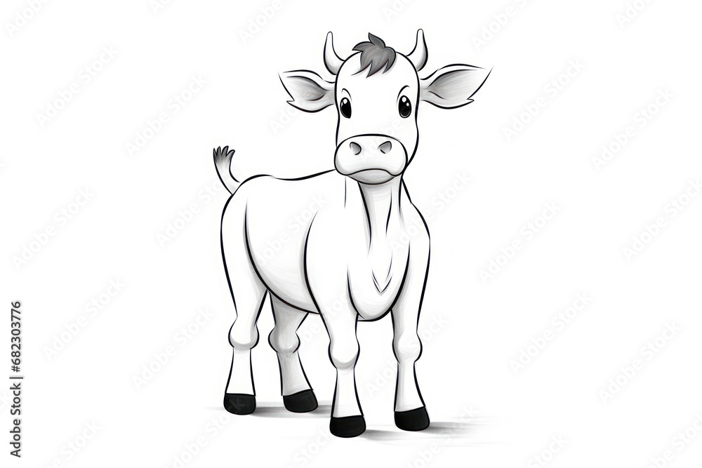  a black and white picture of a cow with a sad look on it's face, standing in front of a white background, with a black outline of the cow's head.