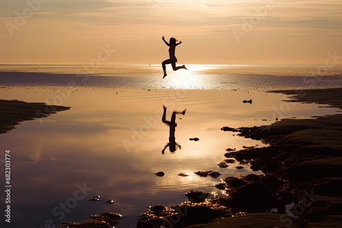 water reflection sunrise beach jump soaring girl young silhouette