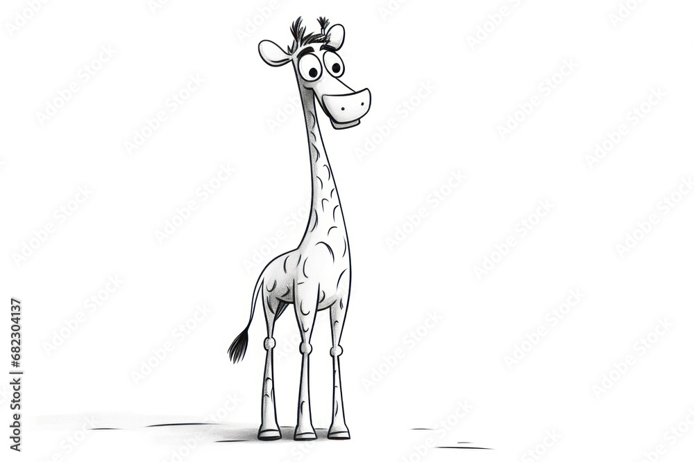 a black and white drawing of a giraffe with a surprised look on it's face, standing in front of a white background and looking at the viewer.
