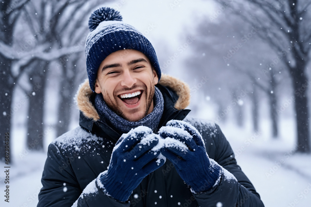 A young men standing oustide in the snow A young men standing oustide in the snow