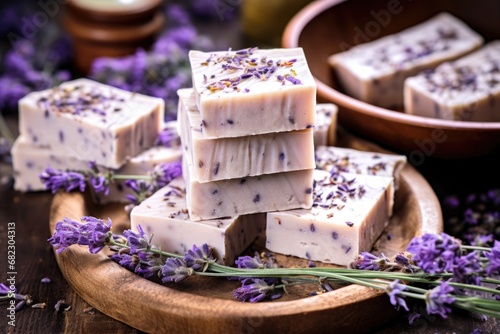 cbd infused soap bars with lavender flowers on a rustic background