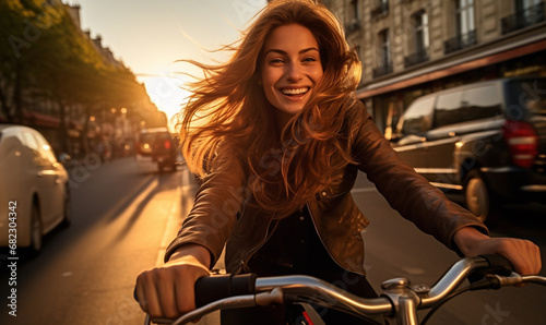 Cheerful Happy young woman riding bicycle in the city