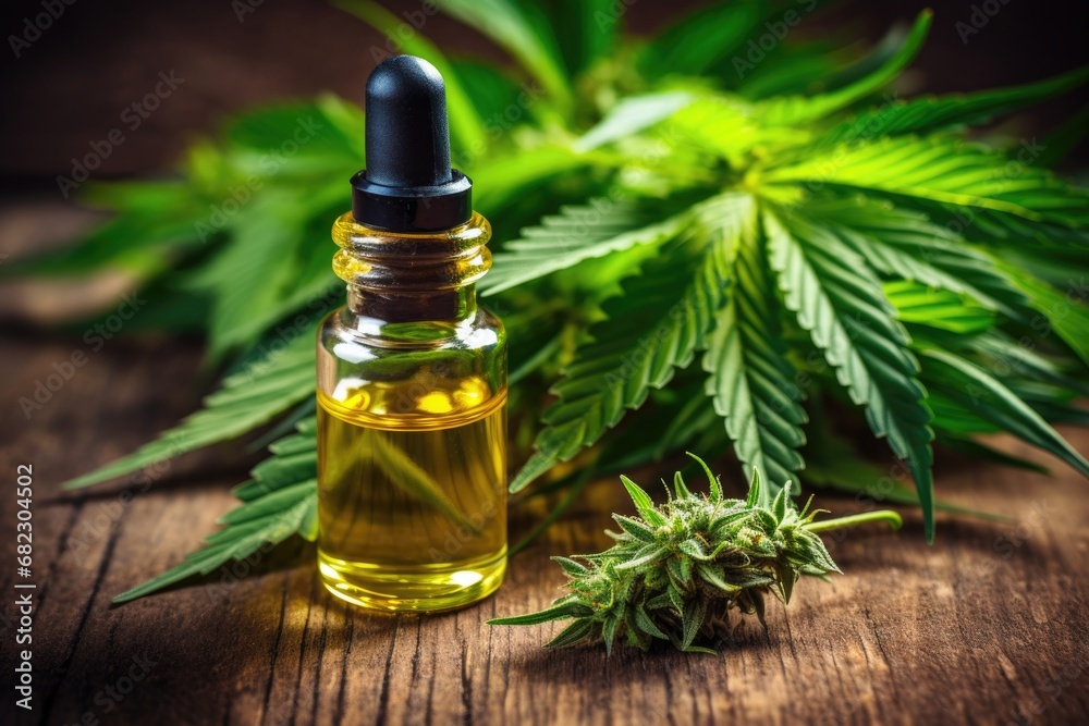 cbd oil in a glass bottle with a dropper, placed next to hemp flowers cbd oil in a glass bottle with a dropper, placed next to hemp flowers