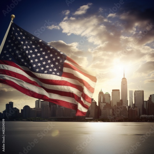 A powerful image of the American flag waving in front of a modern city skyline