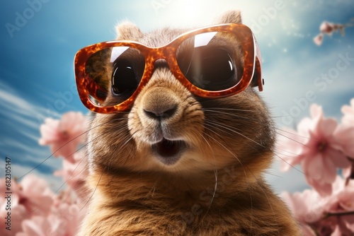  a close up of a cat with sunglasses on it's face and a sky background with pink flowers in the foreground and a blue sky with clouds in the background.