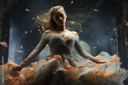  a woman in a dress that is flying through the air with her hands on her hips and her hair blowing in the wind, in front of a dark room. photo