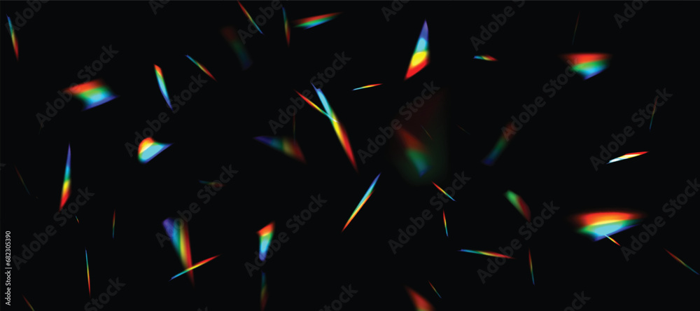 Blurred rainbow refraction overlay effect. Light lens prism effect on black background. Holographic reflection, crystal flare leak shadow overlay. Vector abstract illustration. - obrazy, fototapety, plakaty 