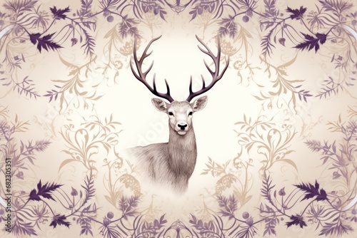  a drawing of a deer with antlers on it s head  surrounded by flowers and leaves  on a beige and purple background with a floral design pattern.