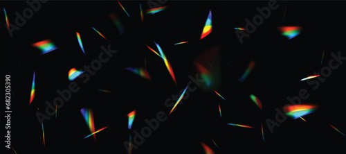 Blurred rainbow refraction overlay effect. Light lens prism effect on black background. Holographic reflection, crystal flare leak shadow overlay. Vector abstract illustration. photo