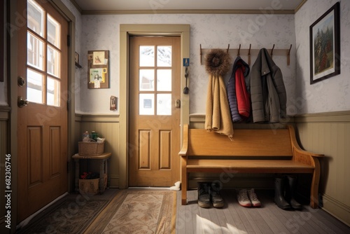 entryway with a bench, coat rack, and snow boots by the door photo