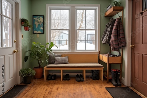 entryway with a bench, coat rack, and snow boots by the door © primopiano