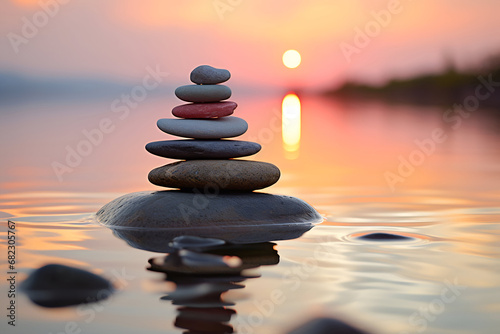 Tranquil sunset over calm water reflects serene landscape with balanced stones.