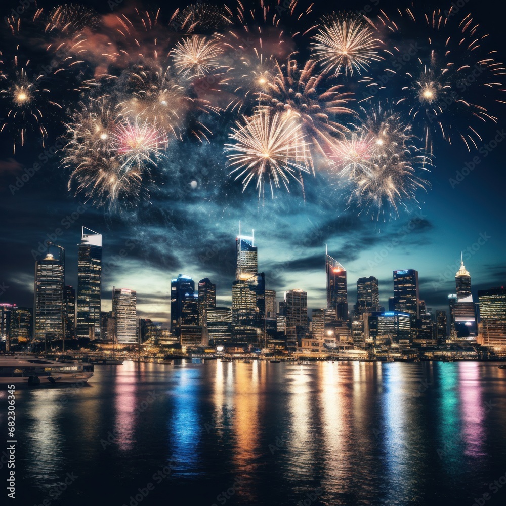 A stunning fireworks display lighting up the night sky above a city skyline A stunning fireworks display lighting up the night sky above a city skyline