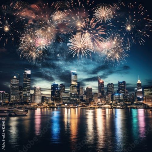 A stunning fireworks display lighting up the night sky above a city skyline © ArtCookStudio