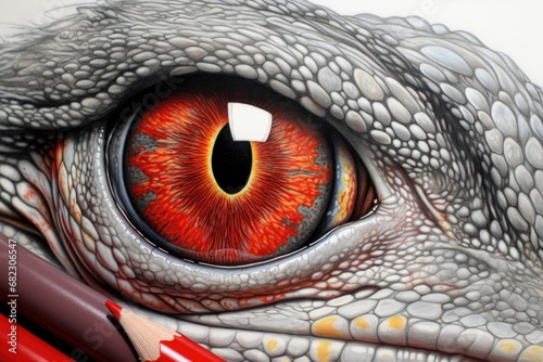 close-up of a chameleon with its eye focused on a red pencil