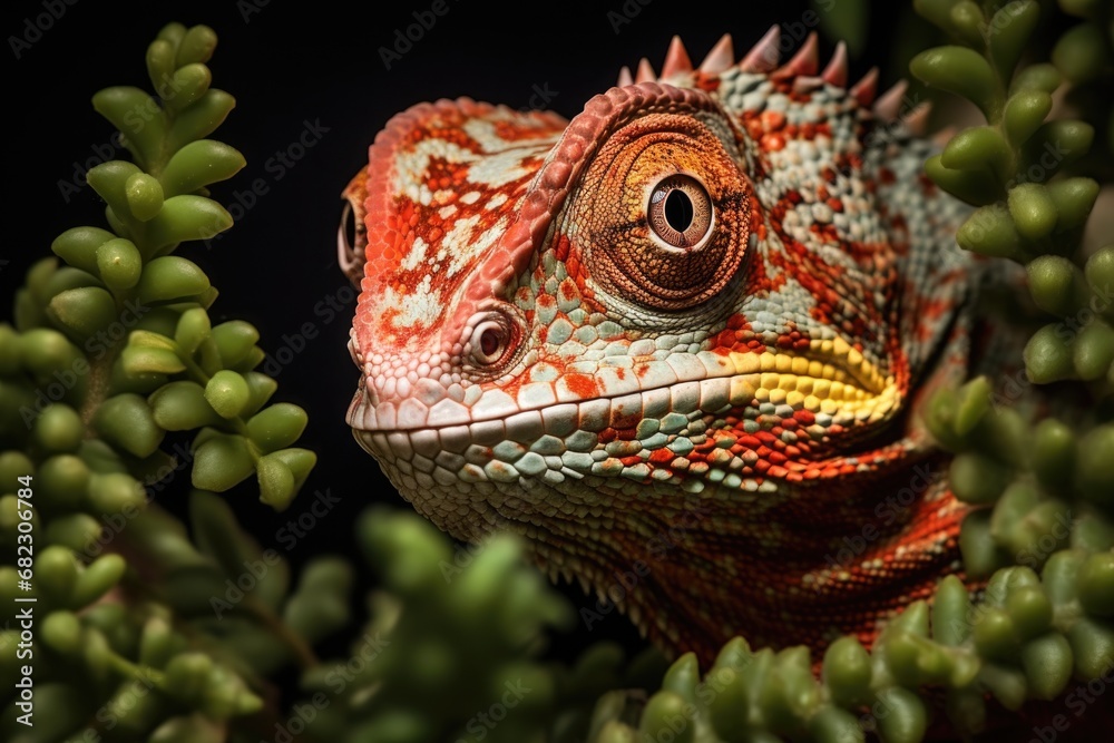 close-up of a chameleon camouflaging on a potted fern