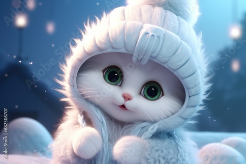  a white cat with green eyes wearing a white hat and a white coat with a fur pom pom on it's head, standing in the snow.